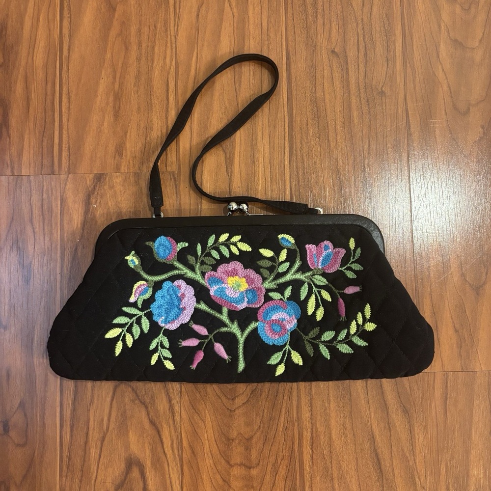 Vera Bradley Veronique Clutch Handbag Black Quilted Microfiber Floral Embroidery